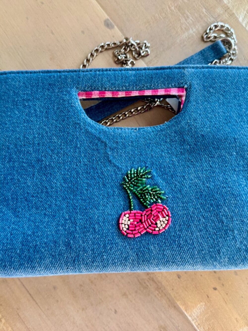 NWT Viral TJ Maxx Cherry Beaded Denim Bag Clutch Chain Handcrafted India - Picture 2 of 4